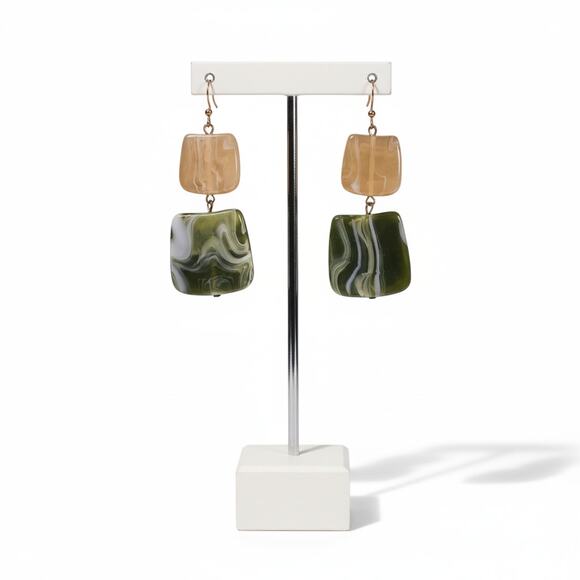 None Jewelry - Cream and Green Geometric Resin Statement Dangle Earrings – Pierced